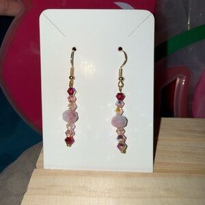 Elegant Pink and Gold tone Glass and Crystal Beaded Earrings
